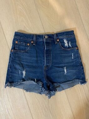 Levi's Dark Blue Distressed High-Rise Denim Shorts